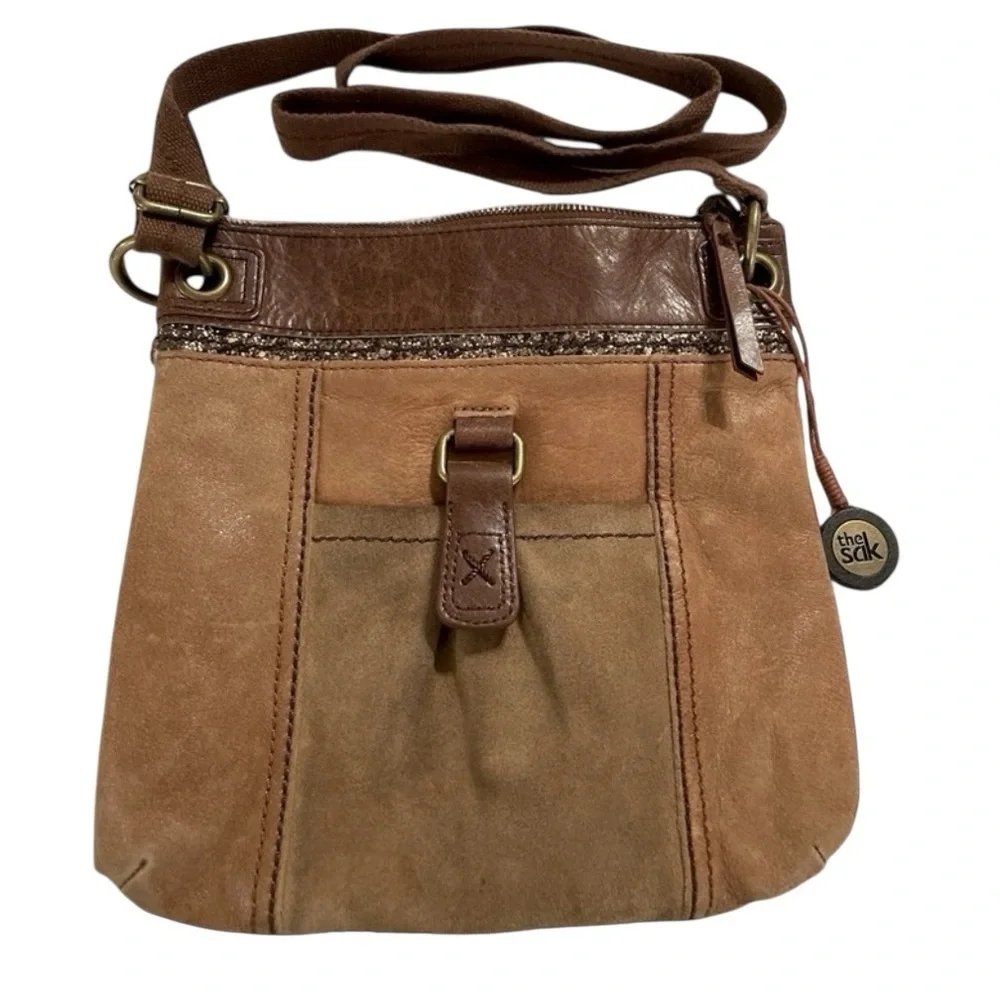 The Sak 2 Toned Brown Distressed Leather Kendra Crossbody Purse Bag Hippie Boho